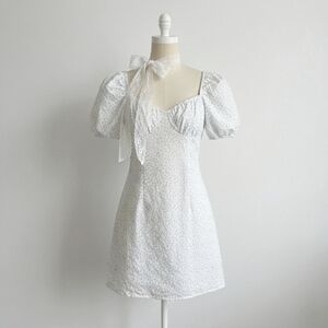 H&M Divided White Puff-Sleeve Mini Dress With Baby Blue Floral Pattern